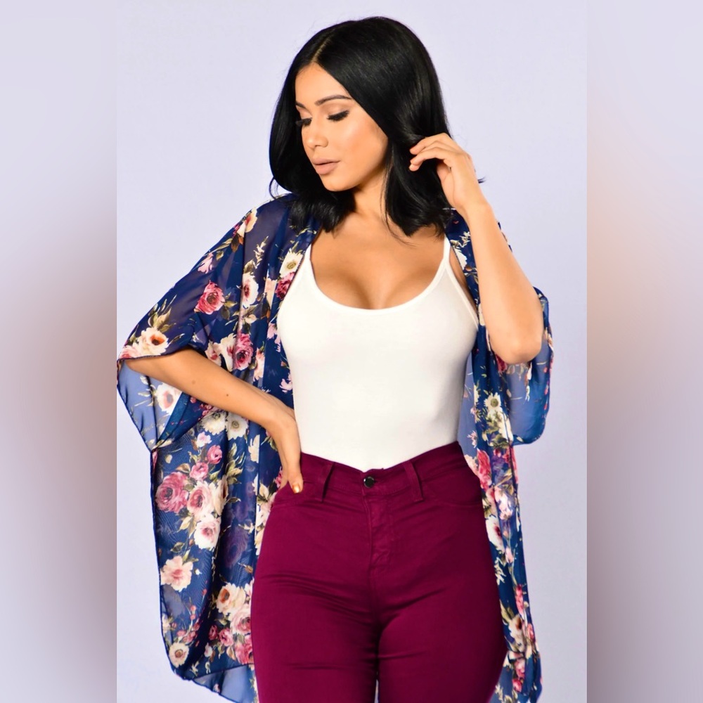 Fashion Nova Navy Floral Print Chiffon Kimono